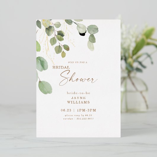 Eukalyptus-Brautparty Gold Folieneinladung (Stehend vorne)