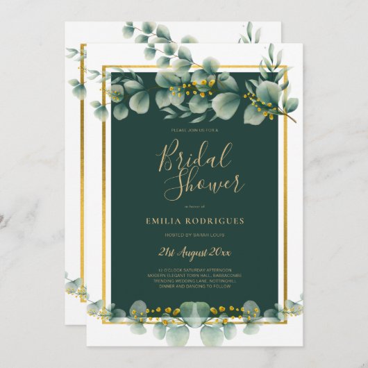 Eukalyptus BRAUTPARTY Greenery Gold QR Code Einladung (Vorne/Hinten)