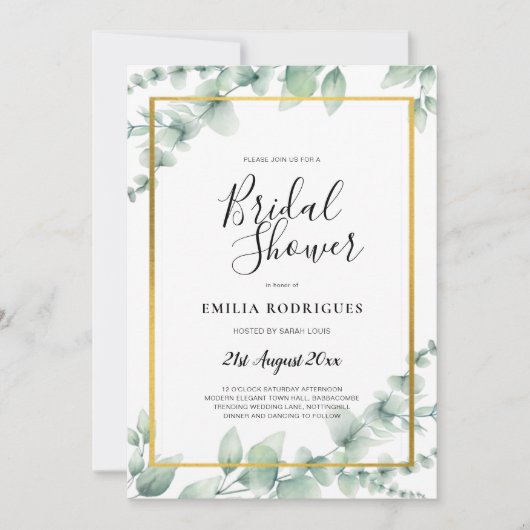 Eukalyptus BRAUTPARTY Greenery Gold QR Code Inv Einladung (Vorderseite)