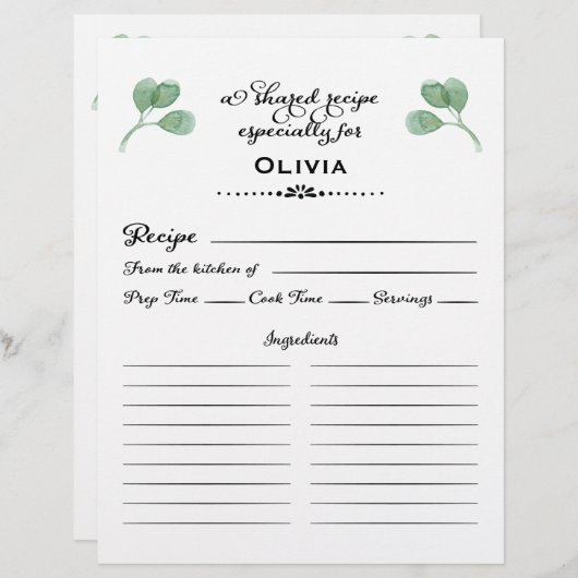 Eukalyptus-Brautparty-Rezept-Karte Briefbogen (Vorne/Hinten)