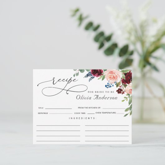 Eukalyptus-Brautparty-Rezept-Karte der Burgund-Nav Postkarte (Stehend Vorderseite)