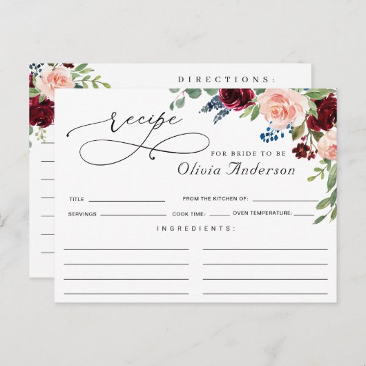 Eukalyptus-Brautparty-Rezept-Karte der Burgund-Nav Postkarte (Vorne/Hinten)