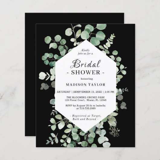 Eukalyptus Brautparty Schwarze Einladung (Vorne/Hinten)