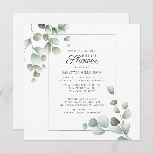 Eukalyptus-Brautparty Skriptgrün Foliage Einladung (Vorne/Hinten)