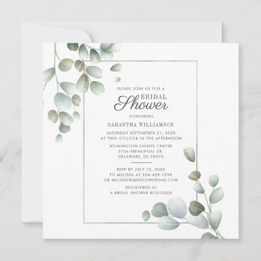 Eukalyptus-Brautparty Skriptgrün Foliage Einladung (Vorderseite)