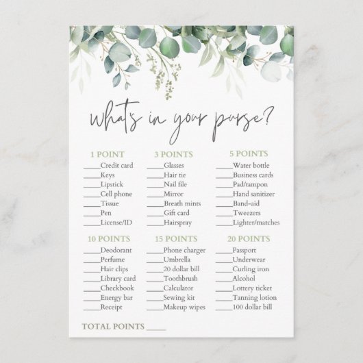 Eukalyptus-Brautparty-Spiel Begleitkarte (Vorderseite)