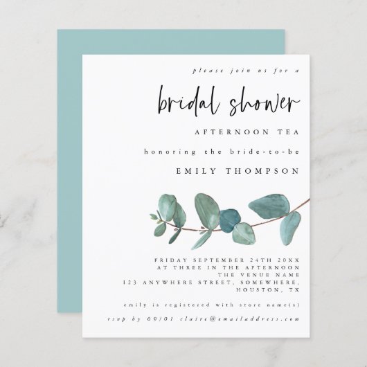 Eukalyptus Brautparty Tee Einladung (Vorne/Hinten)