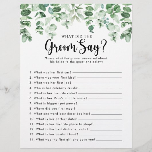 Eukalyptus-Brautparty Was hat der Groom gesagt? (Vorderseite)