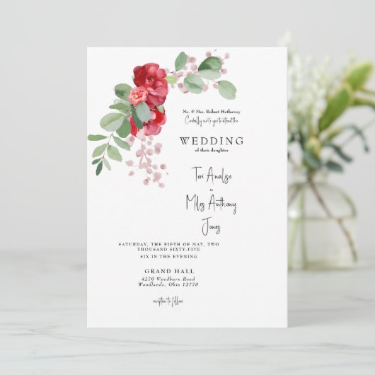 Eukalyptus-Bride-Eltern, die Hochzeit von Rotem Fl Einladung (Stehend Vorderseite)