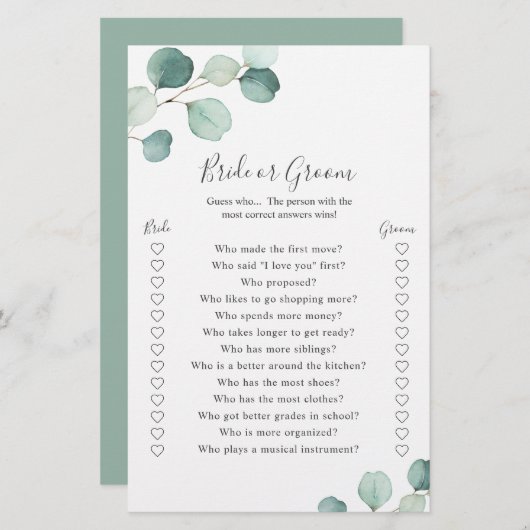 Eukalyptus Bride Groom Spiel Rustikales Brautparty (Vorne/Hinten)