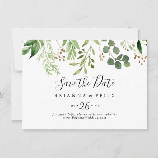 Eukalyptus Brown Floral Horizontal Wedding Save The Date (Vorderseite)
