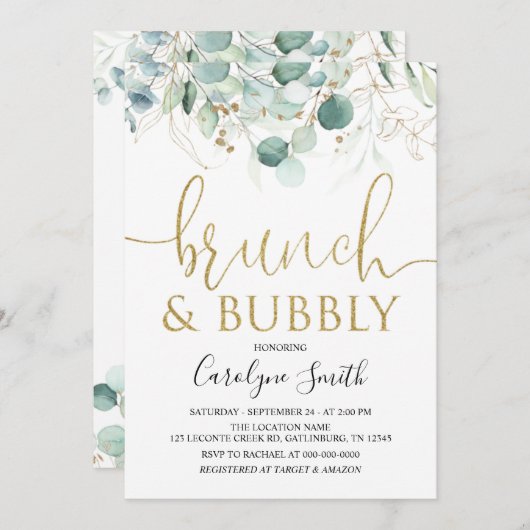 Eukalyptus Brunch und Bubbly Brautparty Einladung (Vorne/Hinten)