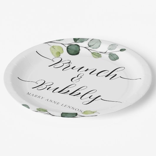 Eukalyptus Brunch und Bubbly Brautparty Pappteller (Schrägansicht)