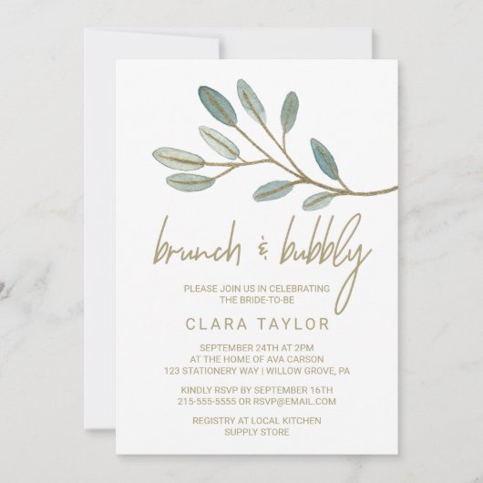 Eukalyptus-Brunch und Bubbly-Gold Einladung (Vorderseite)