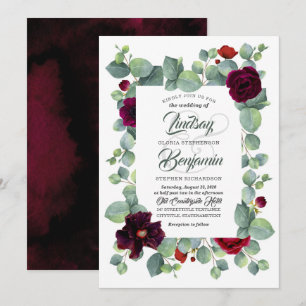 Eukalyptus   Burgund Floral Chic Moderne Hochzeit Einladung