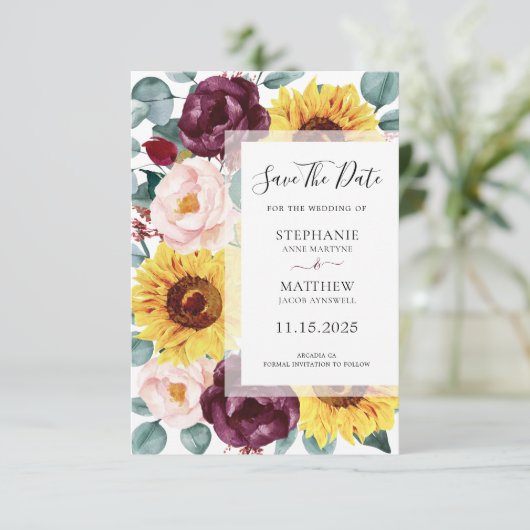 Eukalyptus Burgundy Blush Foto Hochzeit Save The Date (Stehend Vorderseite)