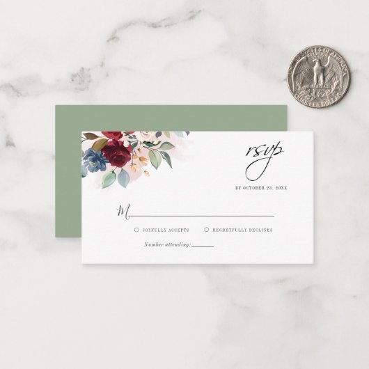 Eukalyptus Burgundy Flora Wedding RSVP Card Mitteilungskarte (Vorderseite/Rückseite Beispiel)