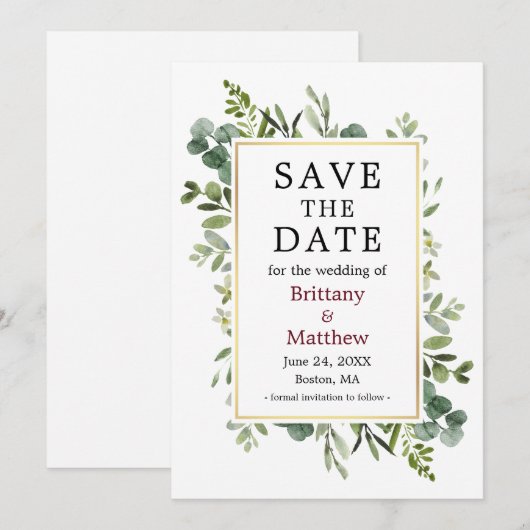 Eukalyptus Burgundy Save The Date (Vorne/Hinten)