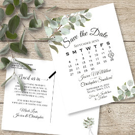 Eukalyptus Calendar White Wedding Save the Date Ankündigungspostkarte