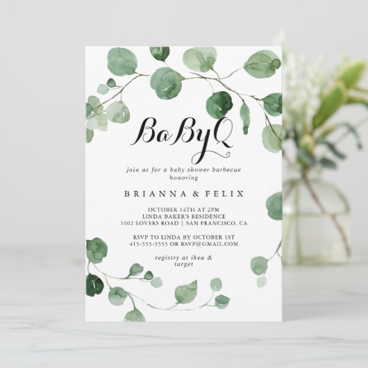 Eukalyptus Calligraphy BabyQ Baby Shower Barbecue Einladung (Stehend Vorderseite)