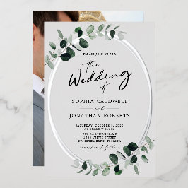 Eukalyptus Calligraphy Foto Wedding Silver Folieneinladung