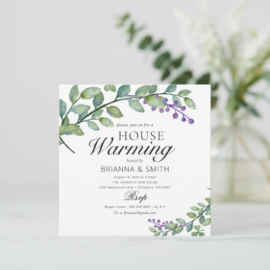 Eukalyptus Calligraphy Housewarming Einladung (Stehend Vorderseite)