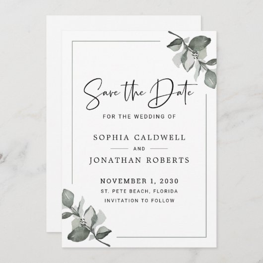 Eukalyptus Calligraphy Minimalistisch botanisch Save The Date (Vorne/Hinten)