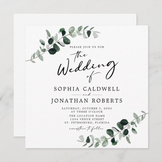 Eukalyptus Calligraphy QR Code Square Wedding Einladung (Vorne/Hinten)