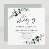 Eukalyptus Calligraphy QR Code Square Wedding Einladung (Vorne/Hinten)