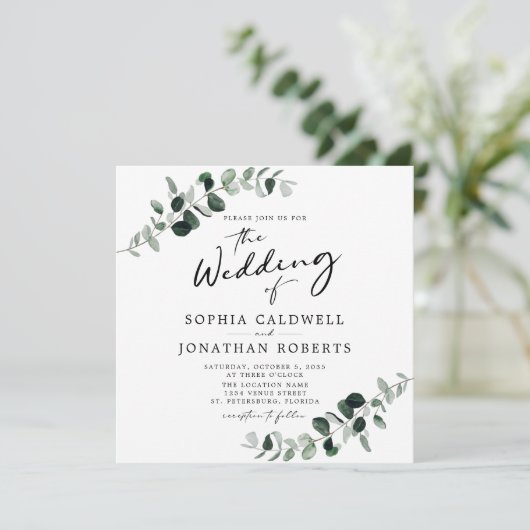 Eukalyptus Calligraphy QR Code Square Wedding Einladung (Stehend Vorderseite)