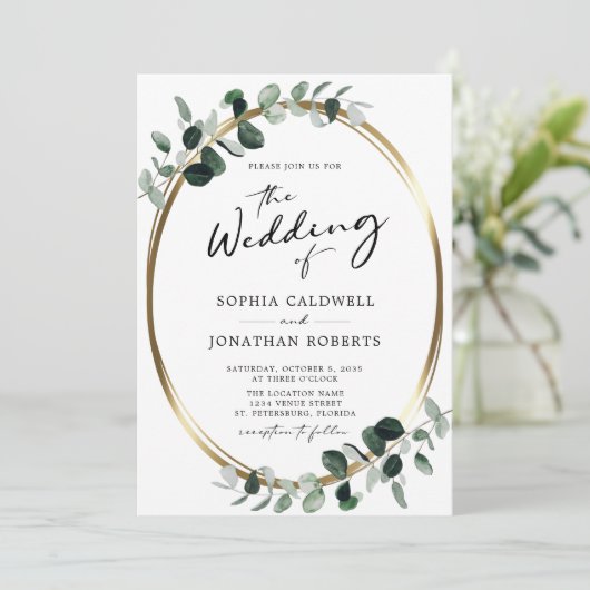 Eukalyptus Calligraphy QR Code UAWG Wedding Einladung (Stehend Vorderseite)