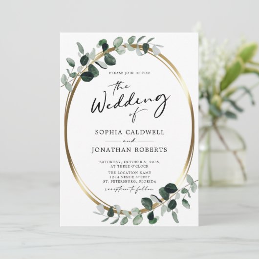 Eukalyptus Calligraphy QR Code UAWG Wedding Einladung (Stehend Vorderseite)