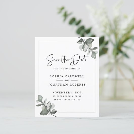 Eukalyptus Calligraphy Save the Date (Stehend Vorderseite)