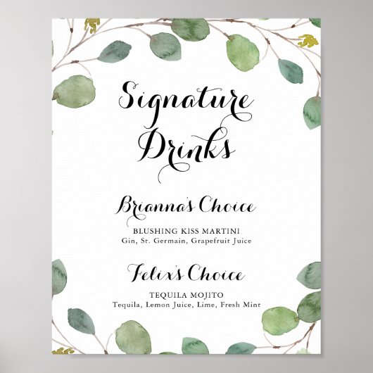 Eukalyptus Calligraphy Signature Drinks unterzeich Poster (Vorne)