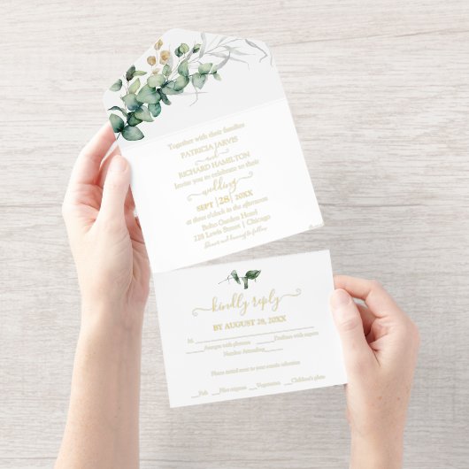 Eukalyptus Calligraphy Wedding All-in-One-Einladung (Abreißstreifen)