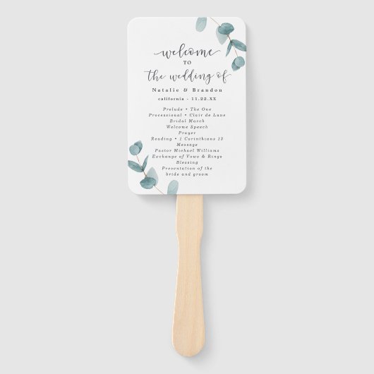 Eukalyptus & Calligraphy Wedemony Program Fächer (Vorderseite)