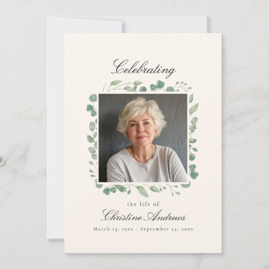 Eukalyptus Celebration of Life Funeral Beige Einladung (Vorderseite)