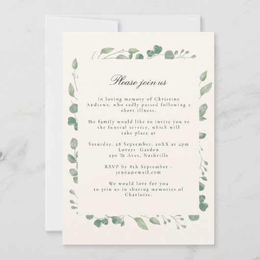 Eukalyptus Celebration of Life Funeral Beige Einladung (Rückseite)