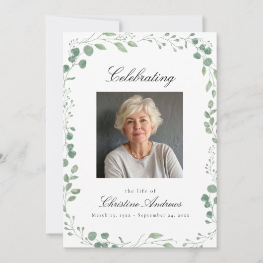 Eukalyptus Celebration of Life Funeral White Einladung (Vorderseite)