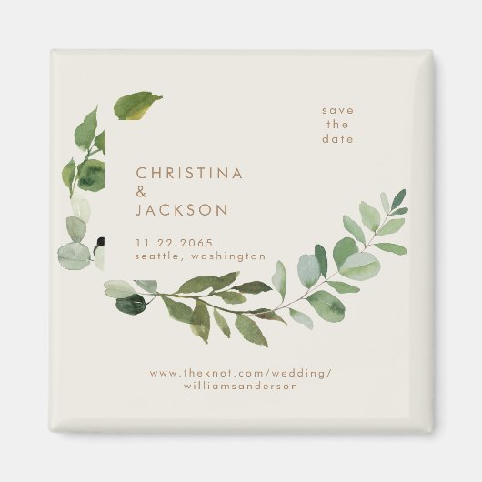 Eukalyptus Cream Wedding Square Save the Date Magnet (Vorne)