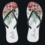 Eukalyptus Custom Bride Wedding Badesandalen<br><div class="desc">Für die Braut niedlich werden botanische florale Flip Flops. Das Design ist in Weiß gehalten, die Blume sind bordeauxrot und weiß, der Anemon und Mohnblumen. Die angesagte Vegetation und Eukalyptus tragen zu diesem wunderschönen Design bei. Eine handgeschriebene Kalligraphie kündigt die Braut und einen Namen an, den Sie auf jedem Schuh...</div>