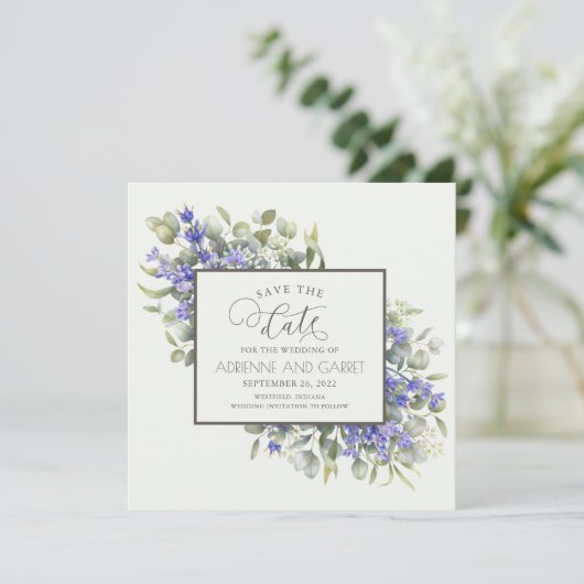 Eukalyptus & Delicate Lavender Wedding Save The Date (Stehend Vorderseite)