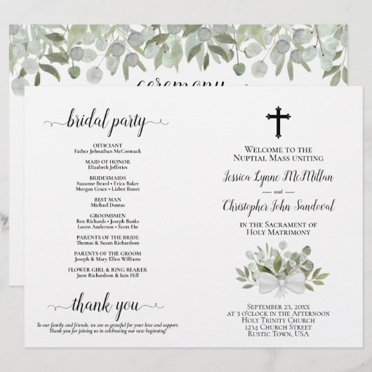 Eukalyptus DIY Falt Hochzeitsprogramm Katholisch (Vorne/Hinten)