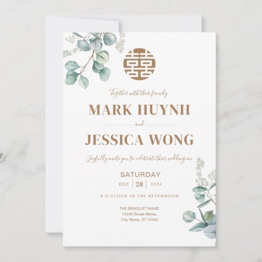 Eukalyptus Double Happiness Wedding Einladung (Vorderseite)