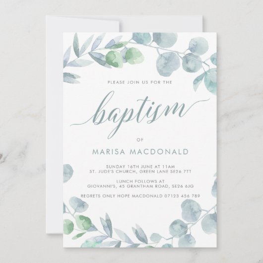 Eukalyptus Dusty Blue Baptisse Einladung (Vorderseite)
