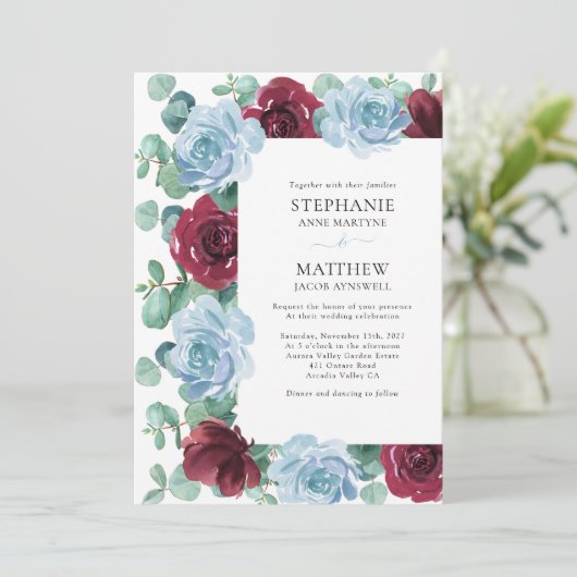 Eukalyptus Dusty Blue Burgundy Botanical Wedding I Einladung (Stehend Vorderseite)
