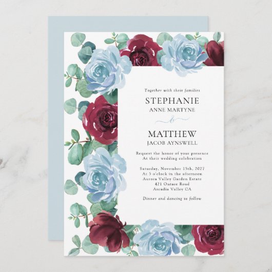 Eukalyptus Dusty Blue Burgundy Botanical Wedding I Einladung (Vorne/Hinten)