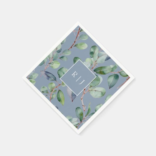 Eukalyptus Dusty Blue Monogram Greenerity Wedding Serviette (Ecke)