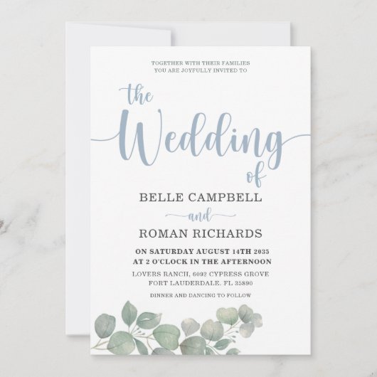 Eukalyptus Dusty Blue Wedding Einladung (Vorderseite)