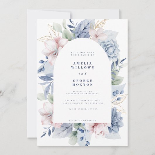 Eukalyptus & Dusty Blues Blues Hochzeit Einladung (Vorderseite)